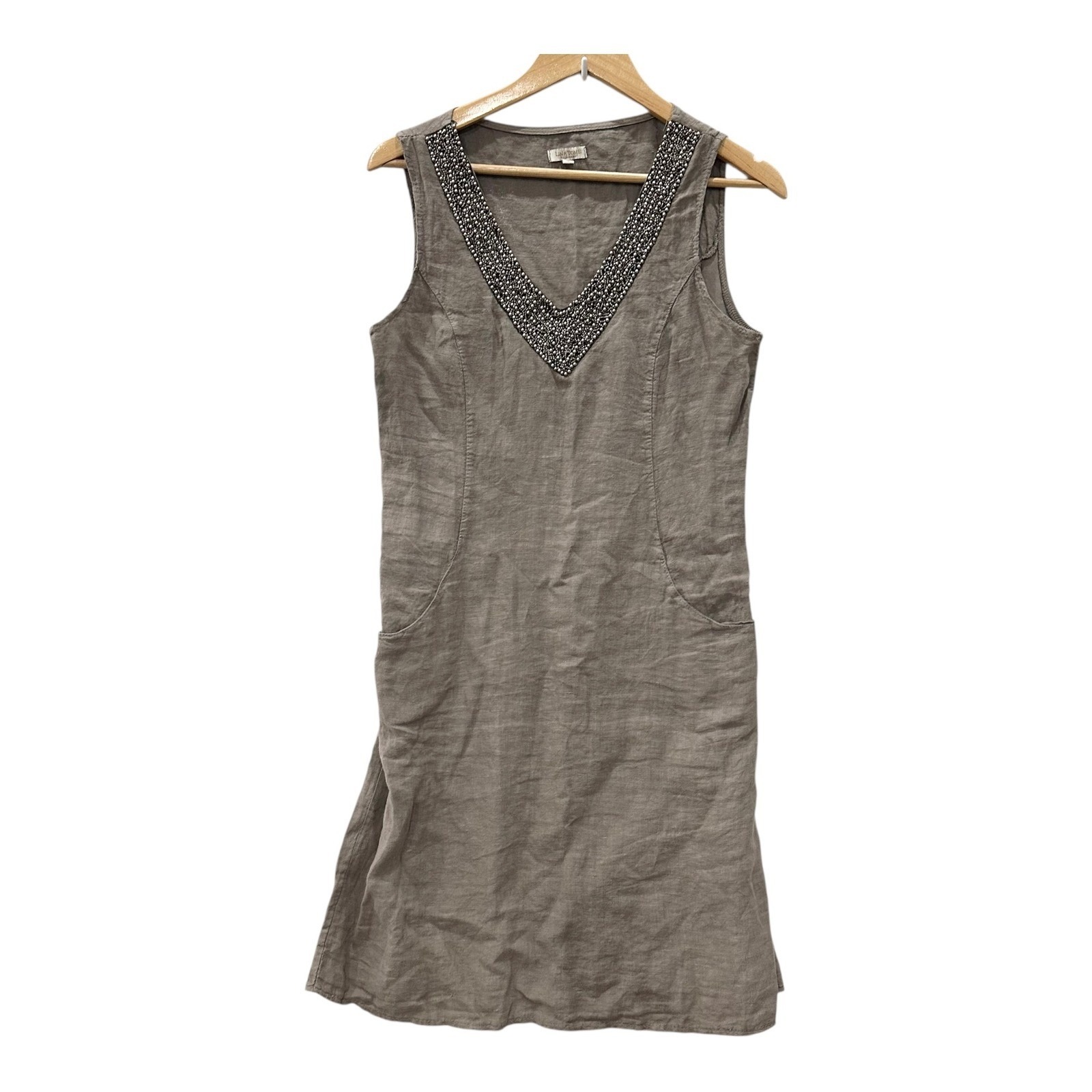 Lina Tomei Italy Linen Beaded V-Neck Shift Dress Taupe Brown Sleeveless Small